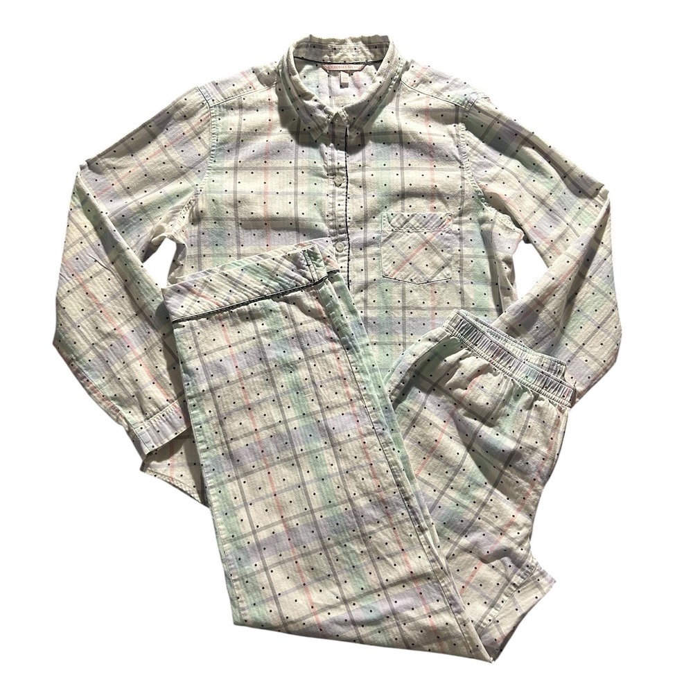 Victorias Secret Flannel Pajama Set Womens Medium Pastel Plaid Polka Dot 2 Piece